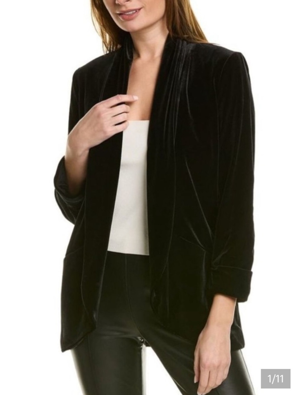 Traffic Black Velvet Draped Open-Front Blazer